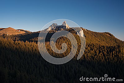 Sunset In Bucovina Ladies Rocks Formation on Top of Mountain Stock Photo